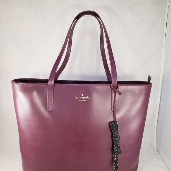 KATE SPADE NEW YORK MAROON TOTE SHOULDER BAG PURSE LEATHER LARGE BOW EUC - Picture 10 of 13